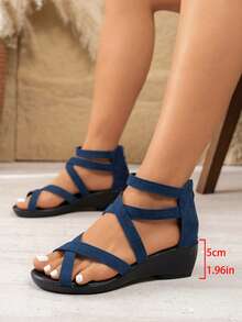 Giày sandal nữ kiểu La Mã quai chéo, đế xuồng, khóa kéo phía sau, thoáng khí, tối giản, đế dày, đa năng cho sử dụng hàng ngày, dạo phố, đi biển và du lịch. - Xanh đậm - Xem 5