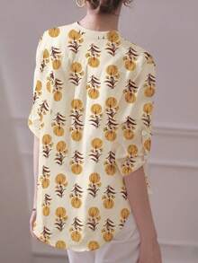 YUXIN Áo kiểu nữ màu xanh nhạt họa tiết hoa màu nước, cổ đứng, tay lỡ 3/4 | Chất liệu thoáng khí, tay áo bo chun, dáng ôm, thích hợp mặc công sở/nghỉ mát, mùa xuân/hè. - Lá cam - Xem 8