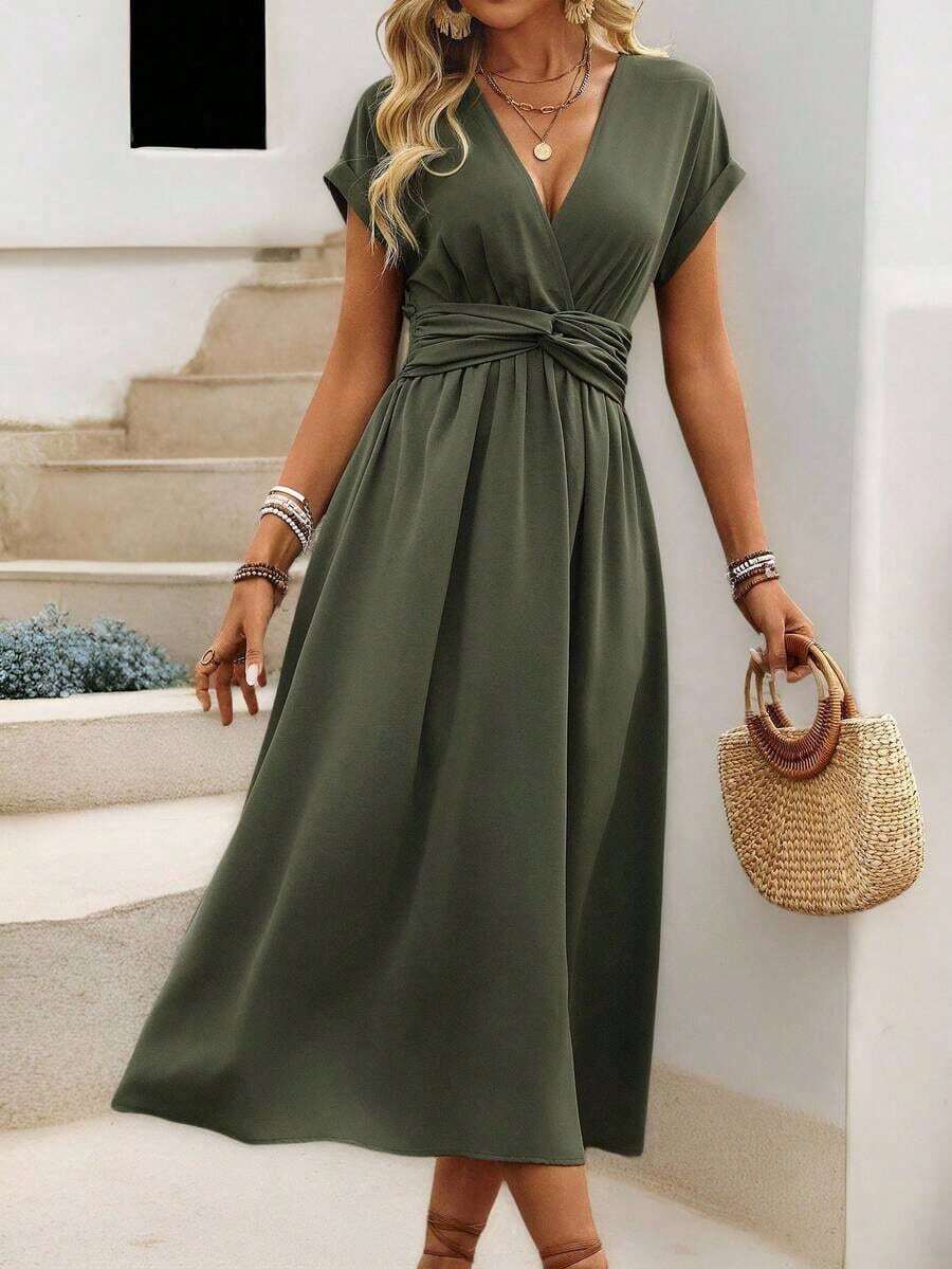 Vestido midi de manga abullonada con escote cruzado, cintura fruncida y espalda retorcida en estilo bohemio occidental casual para primavera/verano de mujer - Verde militar - Ver 1