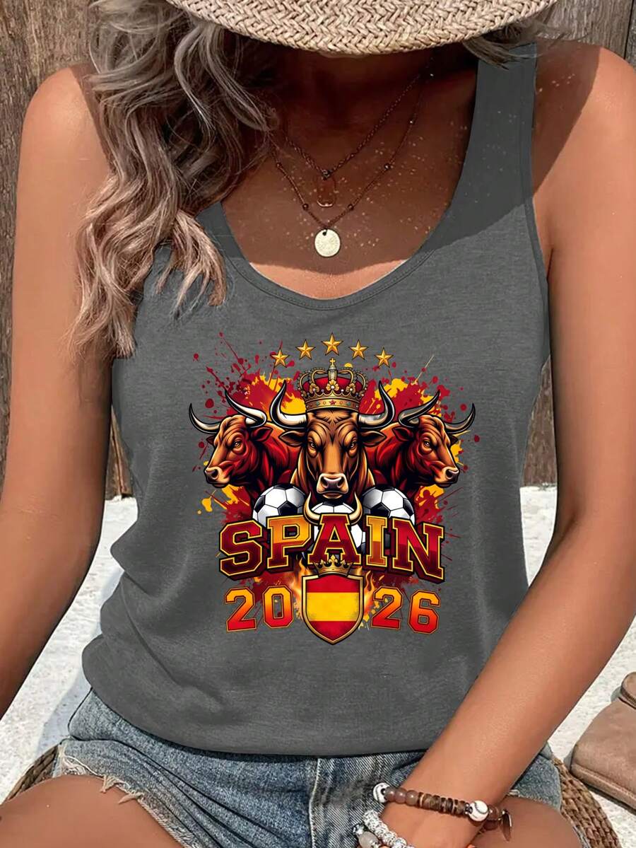Spain Bull Crown Flag Stars Summer Tops Summer Clothes, Blokecore Women's Tank Top, Vintage Football Jersey Tee 90s Retro Graphic Tee Style, Cotton Blend Soft Breathable Sleeveless T Shirt, Fan Essential All-Match Summer Top Pair - Xám - Xem 1