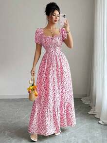 vestido de mujer con estampado digital, mangas abullonadas, nudo delantero, espalda descubierta y cintura ceñida.Elegante y chic para vacaciones, citas, estilizador y adelgazante - Rosa 2 - Ver 5