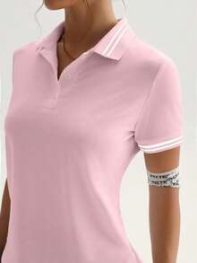 Polo Deportivo de Manga Corta con Ribete a Rayas para Mujer, Verano - Rosa - Ver 4