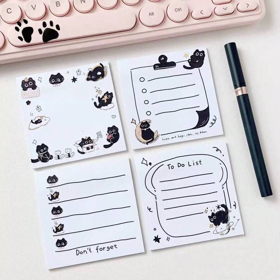 1/4/8 Pcs Cute Black Cat Sticky Notes - Easy To Tear Off Without Leaving Marks, Suitable For Office, School, Home, Planners, Perfect Gift For Cat Lovers (20 Sheets/Book), Cat Supplies, Office Supplies, Fun Stationery, Smooth - A - View 1