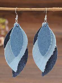 1 Pair Western Style S-Shaped Leaf Patchwork Denim-Look PU Leather Creative Earrings - Xanh Denim 2 - Xem 5