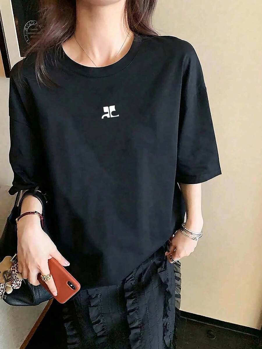 Domestic Shipping Available. Women's White Long-Sleeved T-Shirt With Print. Korean-Style Top. New For Fall. Y2K Top. Korean Style. Loose Fit. Casual. Long-Sleeved T-Shirt. - 黑色 - 查看 1