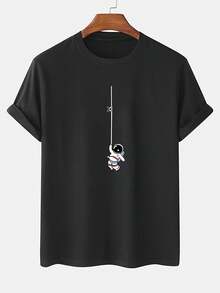 Men's Plus Size 100% Cotton T-Shirt - Astronaut Print, Short Sleeve, Crew Neck, Premium Quality Casual T-Shirt For Outdoor Adventures, Suitable For Spring, Summer And Autumn, Machine Washable, Astronaut T-Shirt, Spring And Summer T-Shirt, Fun Design, Soft Fabric, Plus Size WZIS - 黑色 - 查看 11