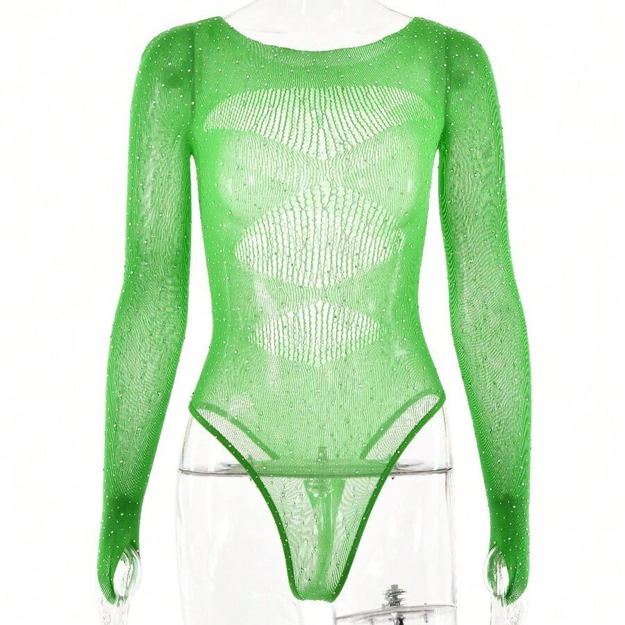 Rhinestone Sheer Mesh Lingerie Costume Set, Sparkling Hot Drill Decor Design, Pure Aesthetic See Through Perspective Style, Elegant Dance Performance Outfit, Soft Stretchy Skin Fabric, Seductive Fitted Tailored Cutting, Glamour Shiny Rhinestone Accents, Flirty Boudoir Tempting, Multi Purpose Themed Uniform Wear, Lightweight Breathable Daily Loungewear, Romantic Intimate Bedroom Attire, Stylish Stage And Lounge Costume For Women - T330鮮綠簡裝 - 查看 1