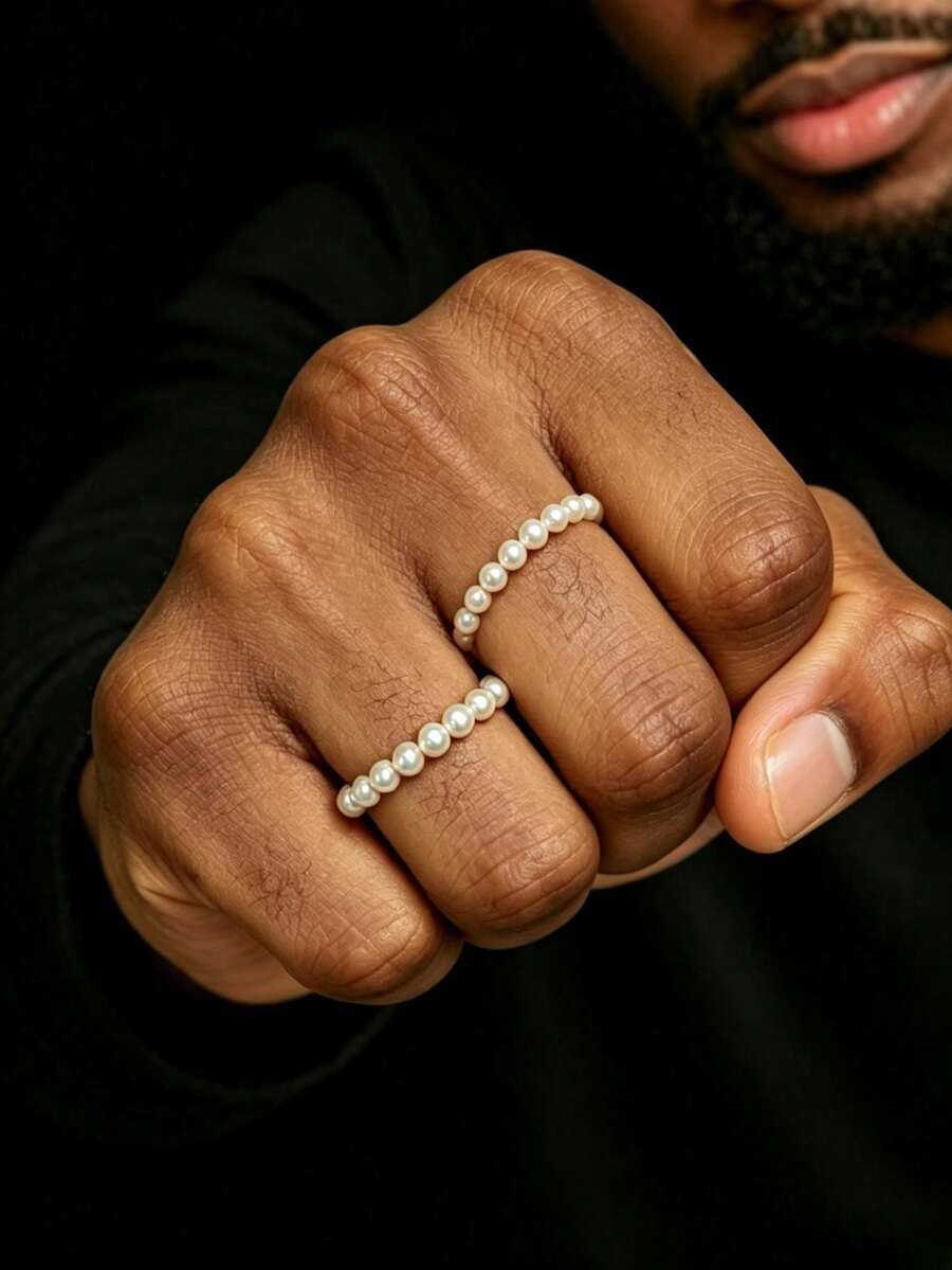 2 piezas Anillos elásticos de resina y perla falsa minimalistas, anillos apilables con cuentas para hombres, estilo hip hop - Blanco - Ver 1