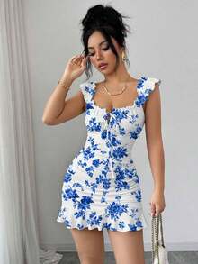 Vestido camisero con volantes en el bajo y hombros descubiertos, estilo vintage con estampado - Vestido entallado de línea A - Azul - Ver 5