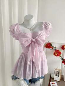 Blusa de gasa de manga corta con lazo dulce y sexy para señoras, de verano - Rosa - Ver 3