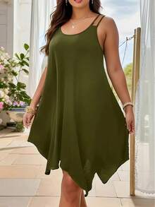 Vestido Midi de talla grande para mujer, liso, con tiras, dobladillo asimétrico, sin mangas, informal, suelto, para vacaciones de verano, XL-5XL - JX4088 Verde militar - Ver 5