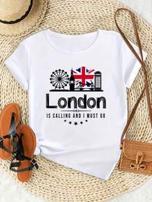 Camiseta de manga corta informal y versátil con cuello redondo, diseño de la Rueda de la Fortuna, la Torre del Reloj y la Bandera Británica de Londres, estilo veraniego, 2026. - Blanco - Ver 2