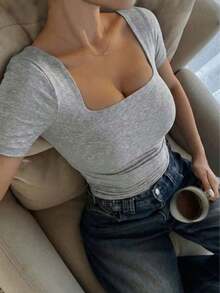 Blusa de manga corta y cuello redondo casual y elegante, adecuada para uso diario, ir al trabajo y salir, primavera/verano - Gris Claro - Ver 5