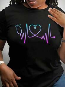 Camiseta de talla grande con estampado de estetoscopio de enfermera - Cómoda, cuello redondo, manga corta - Perfecta para primavera/verano/otoño - Transpirable y cómoda - Negro - Ver 6