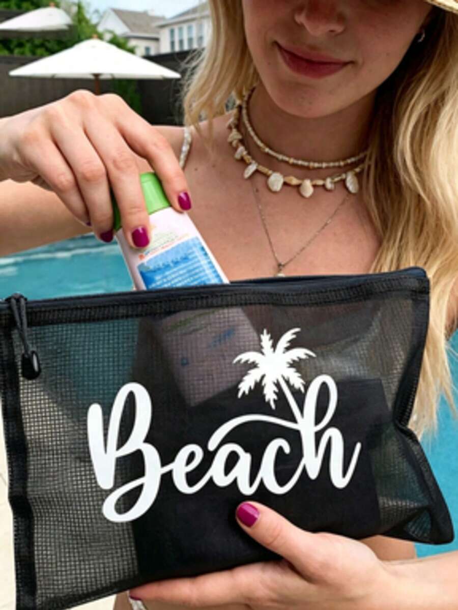 1個時尚網格防水海灘包，印有「Beach」椰子樹圖案化妝包，海灘主題，大容量透明化妝包，尼龍拉鍊盥洗包，輕巧，可存放防曬霜、零食、比基尼和海灘用品，春/夏收納，耐用，適合游泳、海灘、潛水和夏季度假，學生開學，輕巧防曬收納包