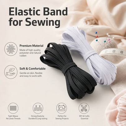 10m White/Black Flat Elastic Band, Rubber Fabric Sewing Accessory, Latex High Elastic Band, DIY Sewing Elastic Tape, High Elastic Sewing Tape, DIY Sewing Fabric Clothing Elastic Cord, Polyester Elastic Tape, Suitable For DIY Sewing, Handicrafts, Hair Accessories And Wedding Dresses, Accessories, Wide Flat Elastic Band, Clothing Garter.