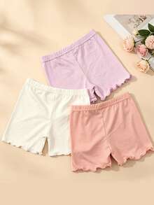 3pcs Celana Pendek Kasual Warna Polos untuk Anak Perempuan, Legging Minimalis dengan Hiasan Rumbai, Pakaian Sehari-hari yang Serbaguna - MultiWarna - View 2