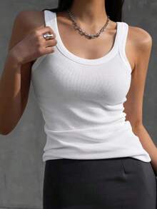 Solid Ribbed Knit Tank Top Y2k - 白色 2 - 查看 5