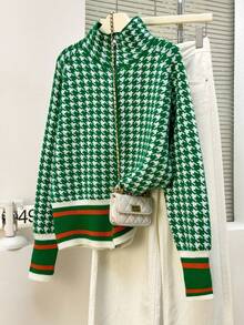 Áo khoác cardigan dệt kim họa tiết răng cưa màu xanh lá cây dành cho nữ, có khóa kéo và cổ đứng, tay dài, độ co giãn vừa phải, chiều dài tiêu chuẩn, thích hợp cho mùa thu/đông. - màu xanh lá - Xem 12