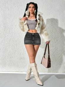 Falda vaquera mini casual, sexy y ceñida de moda para el verano para mujeres - Negro - Ver 3