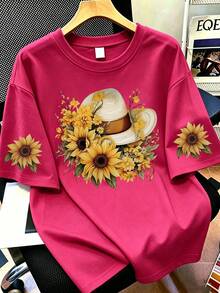 Sunflower Print Round Neck T-Shirt, Casual Loose Fit Short Sleeve Summer T-Shirt Top, Women - Hot Pink - View 1
