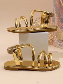 Children's Elastic Ankle Strap Flat Sandals, Open Toe Gladiator Style Summer Casual Sandals Suitable For Girls - Gold - View 2