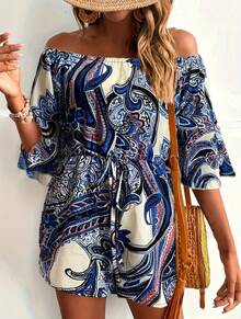 Mono corto elegante con estampado floral y hombros descubiertos para mujer, ideal para vacaciones, trabajo y uso informal - Azul - Ver 1