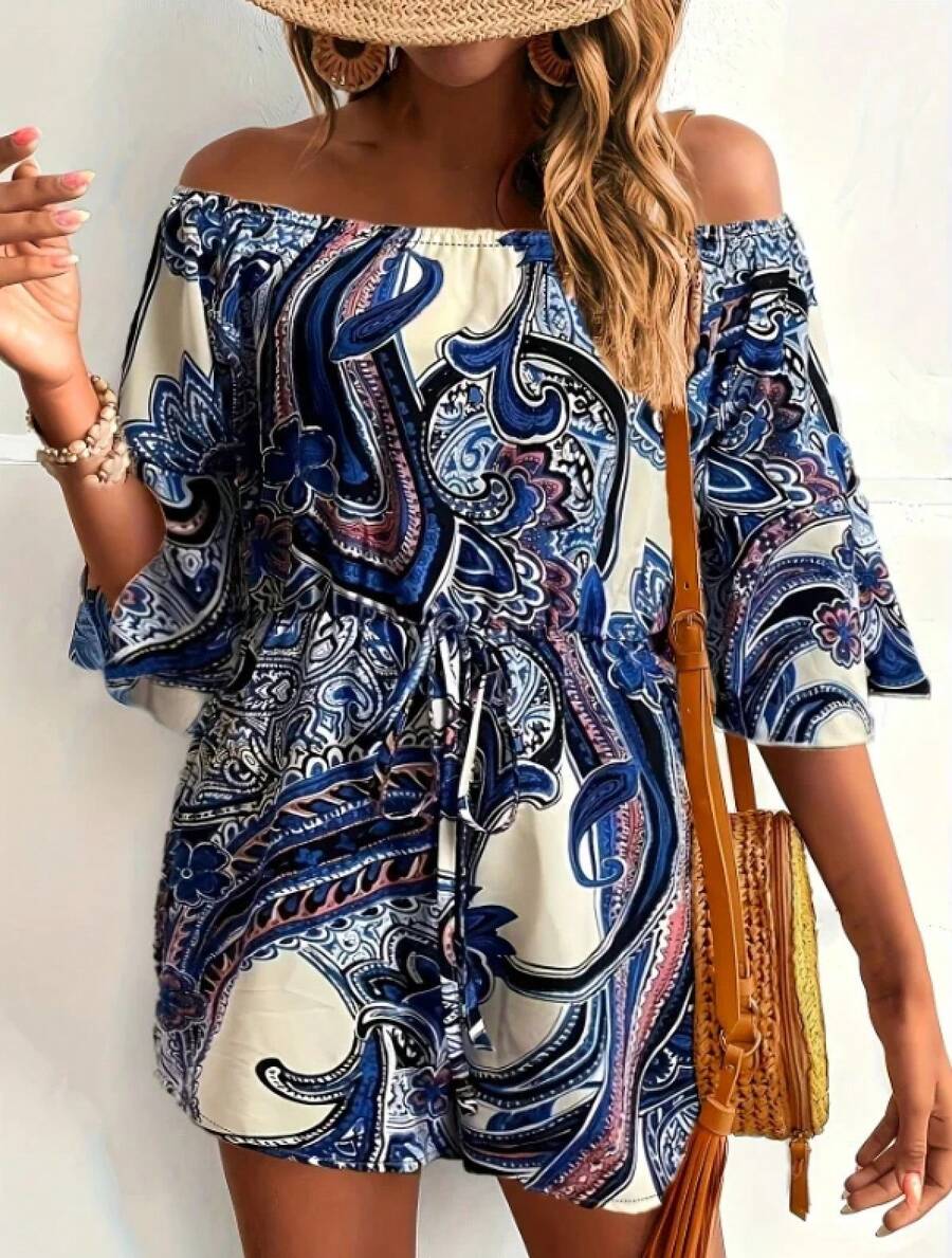 Mono corto elegante con estampado floral y hombros descubiertos para mujer, ideal para vacaciones, trabajo y uso informal - Azul - Ver 1