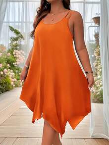 Vestido Midi de talla grande para mujer, liso, con tiras, dobladillo asimétrico, sin mangas, informal, suelto, para vacaciones de verano, XL-5XL - JX4088 Verde militar - Ver 3