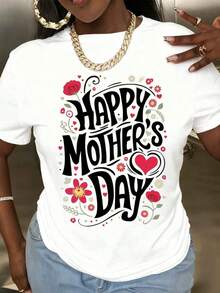 Camiseta de Verano para Mujer, Casual, con Estampado Floral de Corazones para el Día de la Madre, Moda para Vacaciones, Cuello Redondo, Manga Corta, Tela de Algodón Suave y Cómoda para Celebración del Día de la Madre. - Blanco - Ver 1