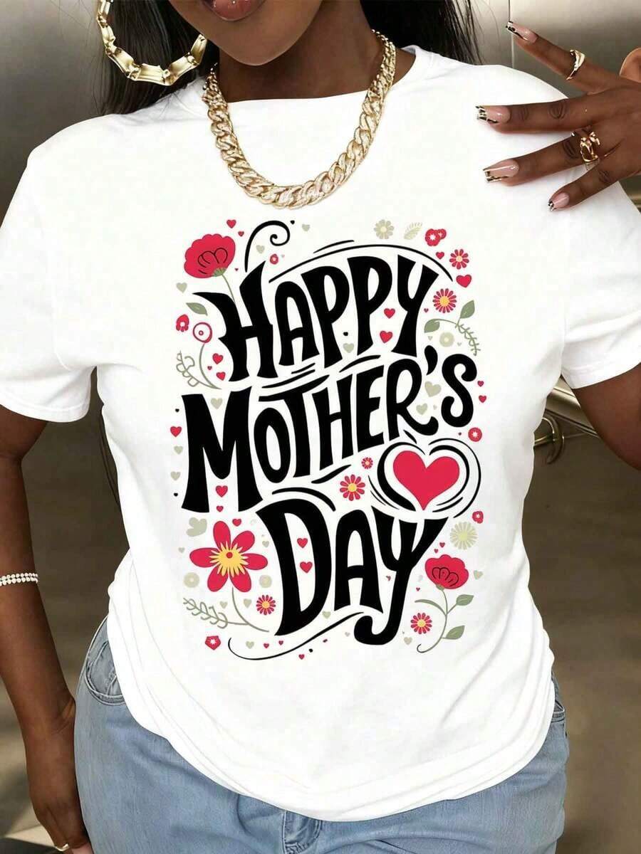 Camiseta de Verano para Mujer, Casual, con Estampado Floral de Corazones para el Día de la Madre, Moda para Vacaciones, Cuello Redondo, Manga Corta, Tela de Algodón Suave y Cómoda para Celebración del Día de la Madre. - Blanco - Ver 1
