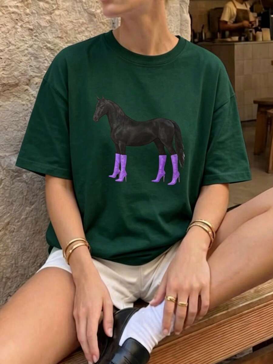 夏季新款简约时尚马匹图案休闲圆领绿色短袖T恤,适合女性穿着。 - 墨綠色 - 查看 1