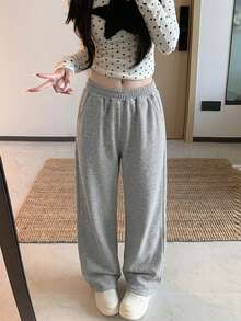 Celana Jogging Kasual Longgar Pinggang Tinggi Warna Polos dengan Karet Pinggang Elastis - Grey - View 7