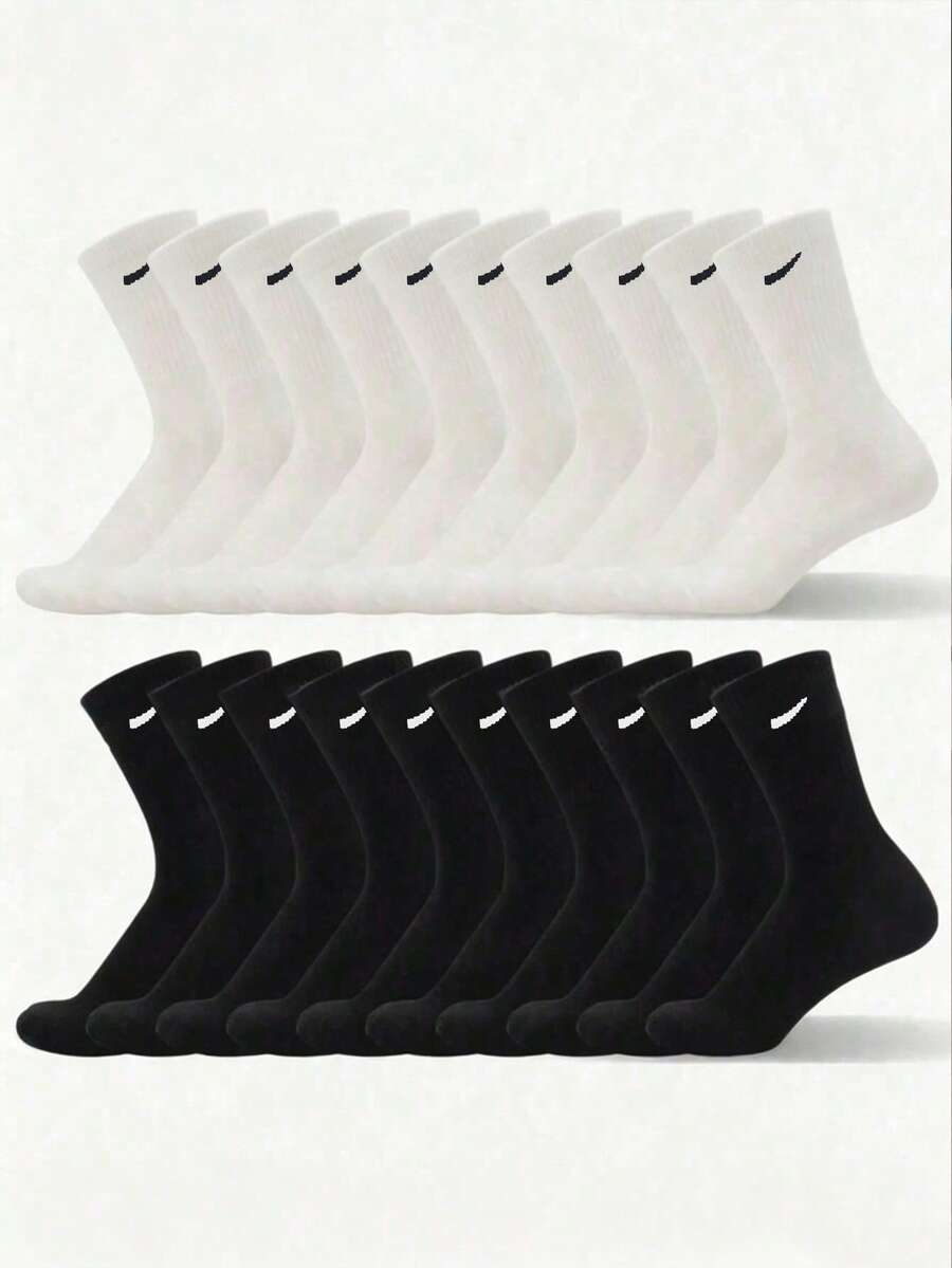 20 Pairs Unisex Casual Minimalist Fashion Versatile Breathable Mid-Calf Socks, Couple Socks - Black and White - View 1