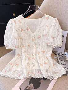 Blusa de mujer con escote en V bordada de estilo romántico francés de manga corta - Blanco - Ver 1