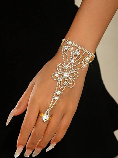 1pc Elegant Crystal Flower Bracelet & Ring Set, Adjustable Wrist & Finger Chain, Suitable For Women's Party, Wedding, Anniversary, Beach