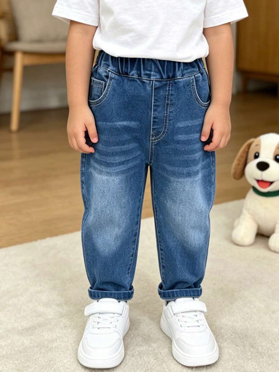 Young Boy Solid Color Elastic Casual Denim Jeans Pants, Spring - Blue - View 1