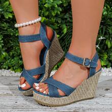 Plus Size Women's Denim Wedge Sandals, European And American Style Thick Sole Casual Sandals For Spring And Summer - Blue - View 2