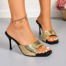 Women's Metal Snake Skin Stiletto Sandals, Square Toe Elegant Party High Heels - Gold - View 3