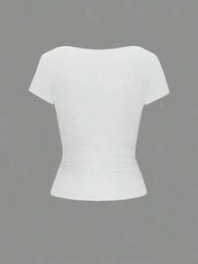 y sexy de punto para mujer Vaiaye, camiseta casual de cuello cuadrado de unicolor, blanco para primavera/verano - Blanco - Ver 4