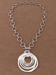 1 Piece Silver/Matte Gold Color Large Open Hollow Multi-Layer Asymmetrical Round Circle Pendant Chunky Chain Statement Necklace Suitable For Women's Daily Wear 18"+2" Extend Chain - Silver - View 9