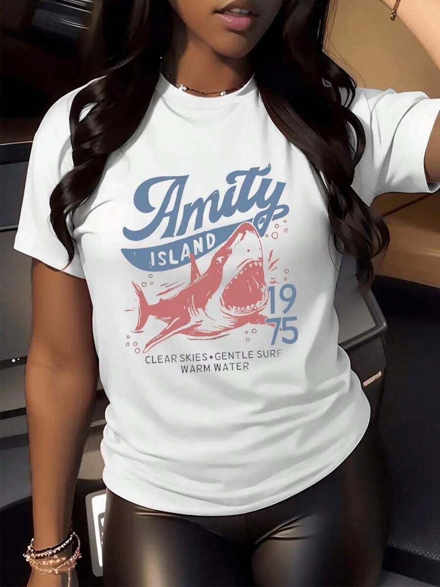 Highly Recommended: Women's 100% Cotton Graphic Shark Print T-Shirt, 220g, 1 Piece, Amity Island Vintage Style, Casual, Easy To Match. - 白色 - 查看 1