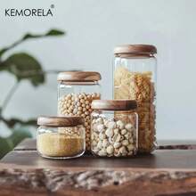 KEMORELA-contenedor de almacenamiento de alimentos transparente, tarro redondo de madera de Acacia para té, aperitivos de frutas secas, tarro de almacenamiento sellado de vidrio para cocina - L - Ver 1