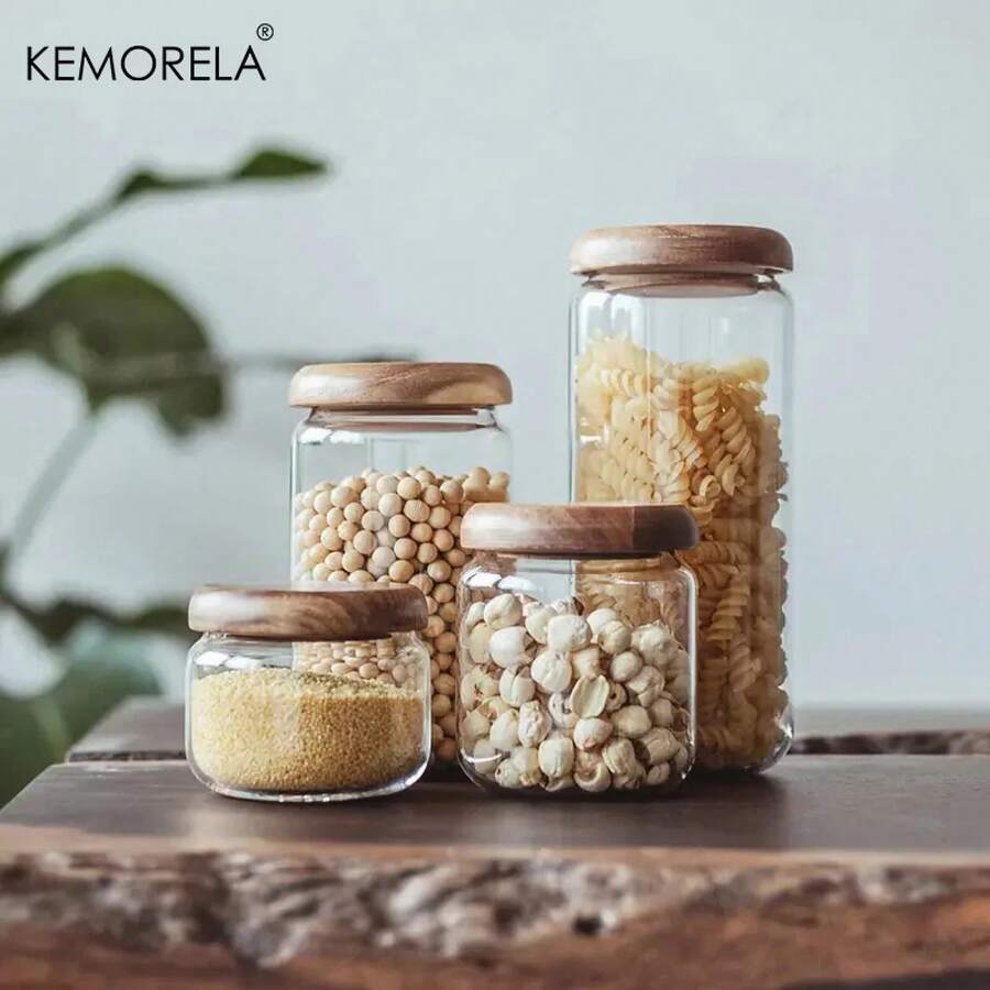 KEMORELA-contenedor de almacenamiento de alimentos transparente, tarro redondo de madera de Acacia para té, aperitivos de frutas secas, tarro de almacenamiento sellado de vidrio para cocina - L - Ver 1