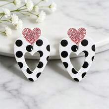 1 Pair Pink Glitter Heart Patchwork Black & White Polka Dot Earrings, Hollow Heart Design Sweet Girl Earrings, Versatile Lightweight Earrings, Gift For Girlfriend/Friend, Match Polka Dot Outfits, Style - A - View 6
