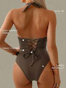 Traje de baño de una pieza con control de abdomen, estilo minimalista de unicolor, con escote halter y espalda descubierta, para vacaciones de verano en la playa - Multicolor - Ver 2