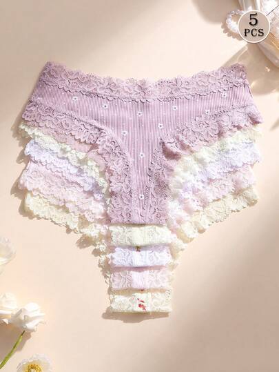 Bộ 5 chiếc quần lót dây mảnh cạp thấp không đường may phối ren gợi cảm dành cho nữ, chất liệu mềm mại, thoải mái, thoáng khí, phù hợp cho yoga, thể thao và mặc hàng ngày.