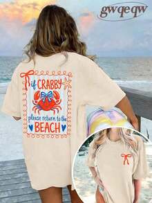 Camiseta con estampado de cangrejo de doble cara "If Crabby Please Return To The Beach", camisetas con estampado estético costero para mujer, conjuntos de verano para mujer, conjuntos de vacaciones para mujer, ropa casual de calle, estética retro de playa, tops de estilo playero, camisetas gráficas de gran tamaño - Camiseta unisex de algodón suelto de manga corta y cuello redondo estilo vintage. - Albaricoque - Ver 6
