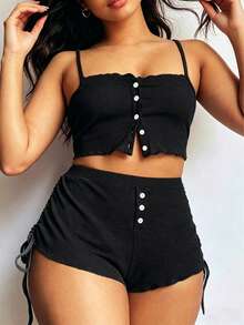 Women's Casual Drawstring Camisole And Shorts Pajama Set, Suitable For Spring, Summer And Autumn - Black - View 3