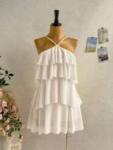 Nuevo vestido elegante y romántico para invitados de boda, de unicolor, con espalda descubierta, multicapa con volantes de gasa, minivestido, adecuado para estilo bohemio, boho, flores románticas, vacaciones, fiestas florales, citas, San Valentín, - Beis - Ver 6